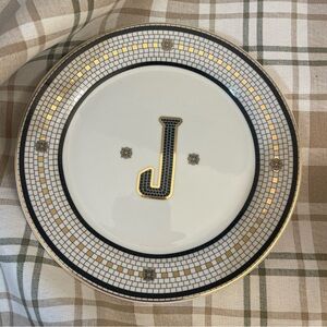 NEW Authentic Anthropologie Bistro Tile a gold Black Monogram Dessert Plate - J